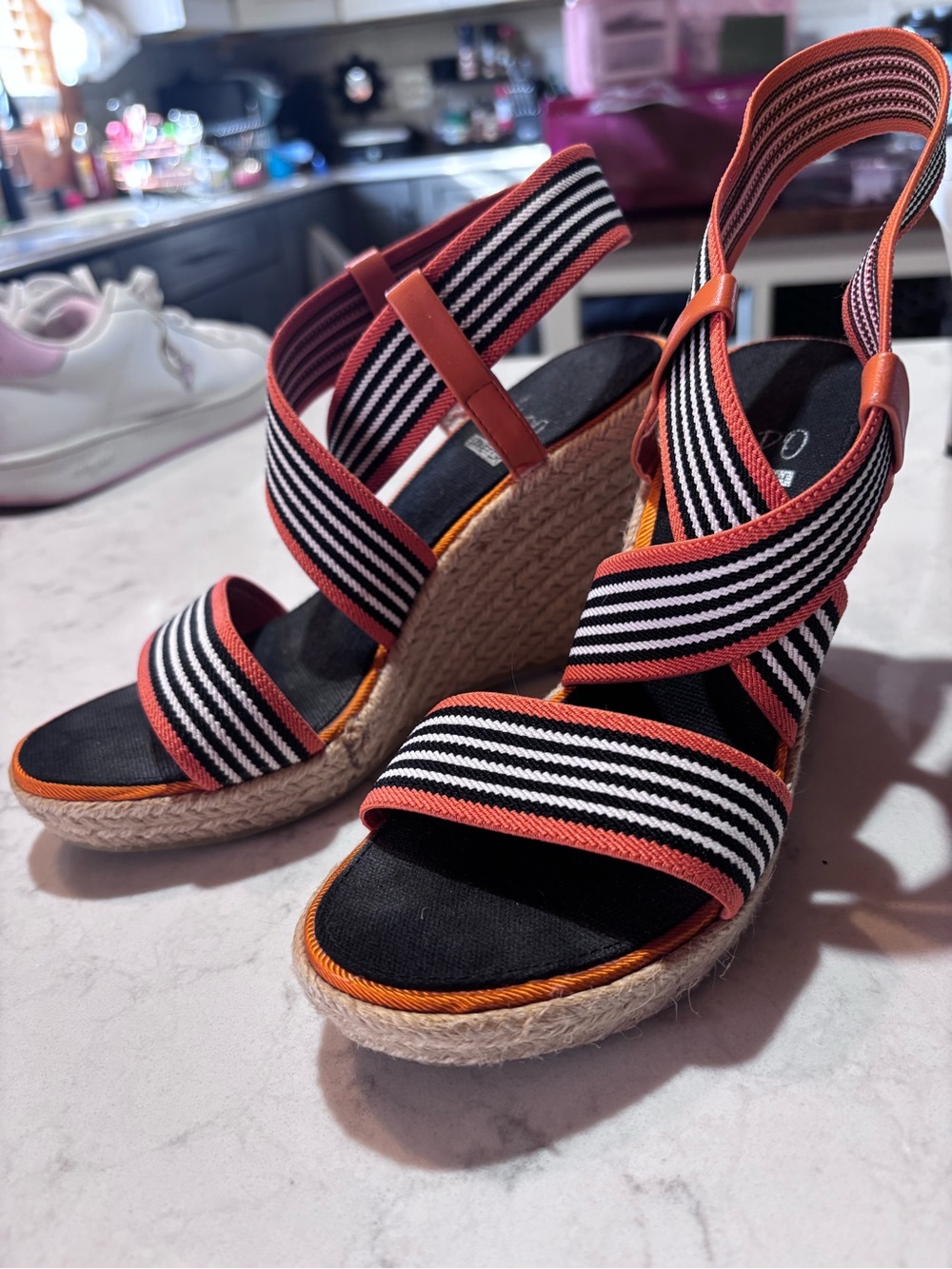 Beach babe Impo Black & Coral Striped Elastic Espadrille Wedges